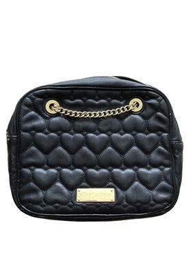 Betsey Johnson Black Quilted Heart Crossbody with Gold Chain Accent